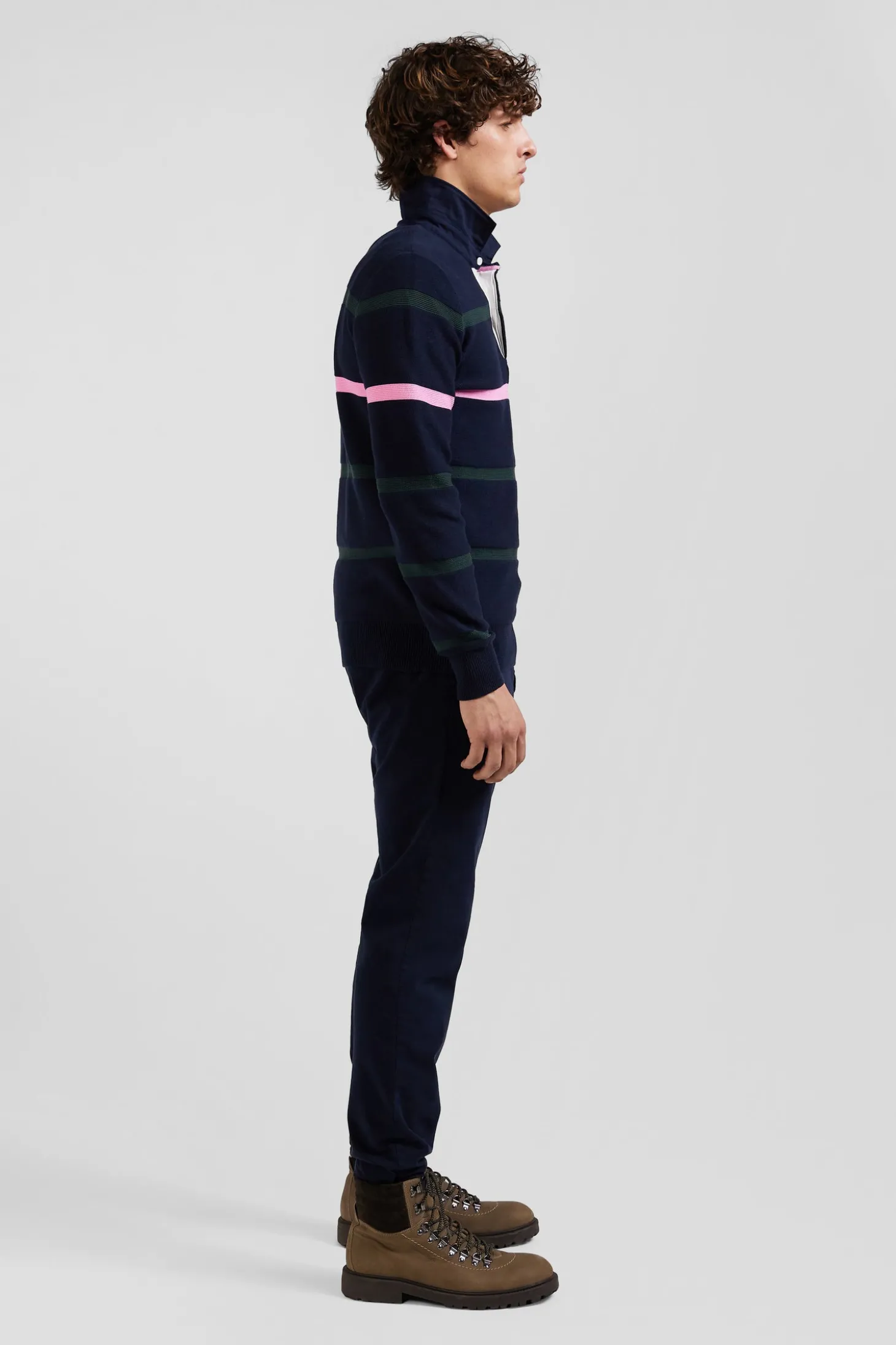 Pull col polo en coton vert rayé coupe Regular