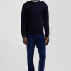 Pull col rond boutonnage épaule en laine marine coupe Regular