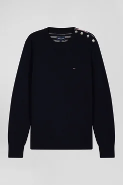Pull col rond boutonnage épaule en laine marine coupe Regular
