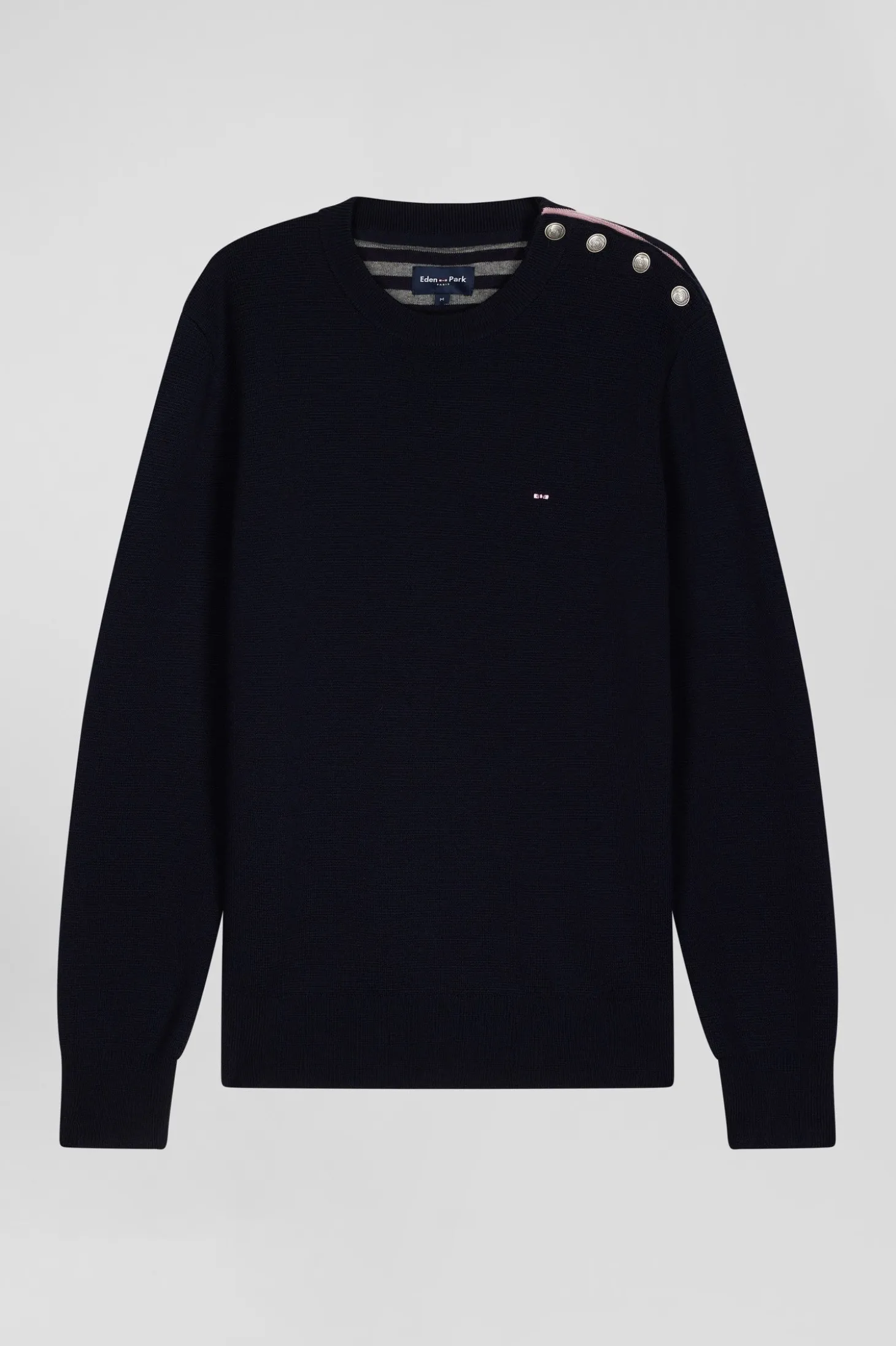 Pull col rond boutonnage épaule en laine marine coupe Regular