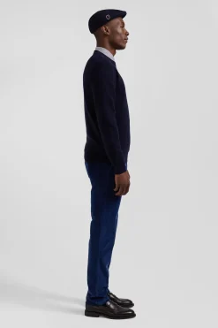Pull col rond boutonnage épaule en laine marine coupe Regular