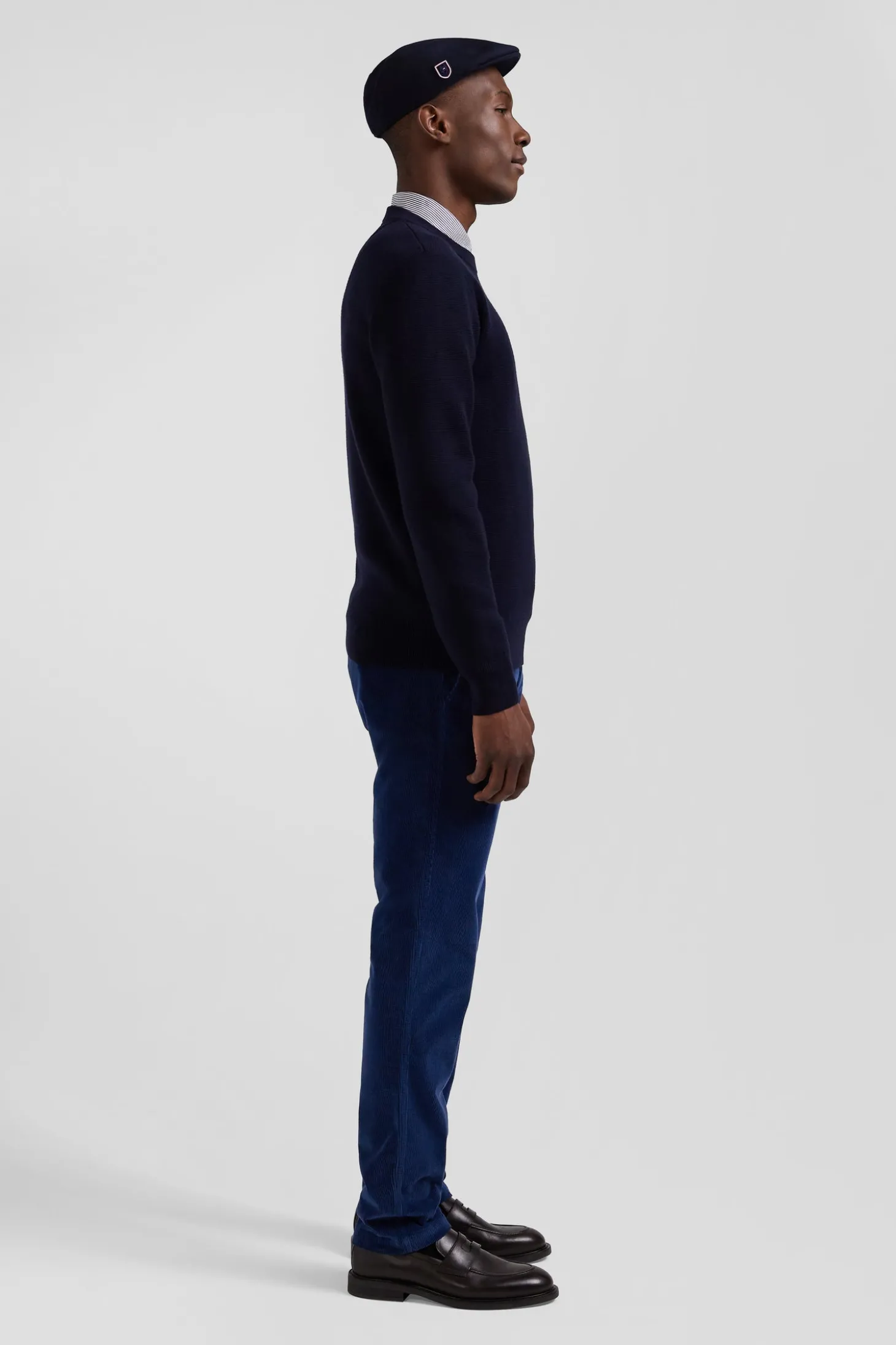 Pull col rond boutonnage épaule en laine marine coupe Regular