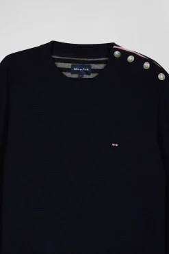 Pull col rond boutonnage épaule en laine marine coupe Regular