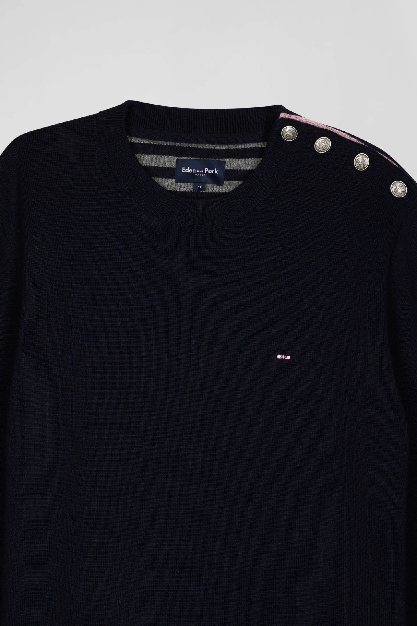 Pull col rond boutonnage épaule en laine marine coupe Regular
