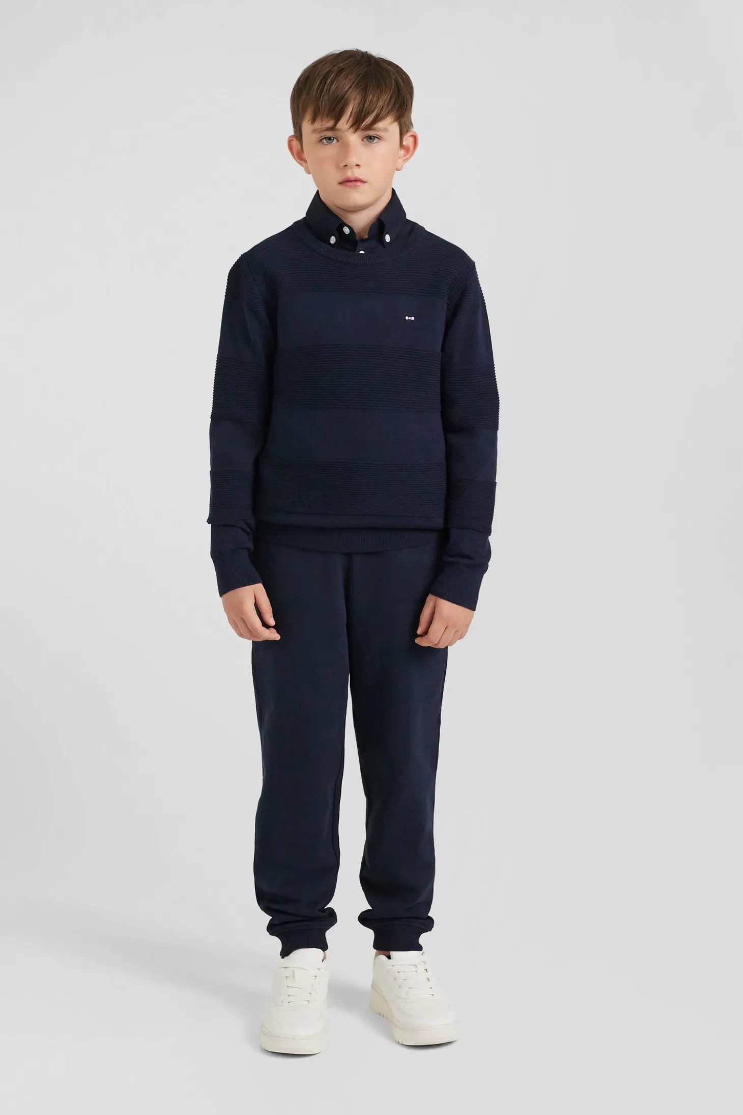 Pull col rond cerclé en coton bleu marine coupe Regular