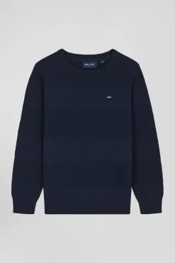 Pull col rond cerclé en coton bleu marine coupe Regular