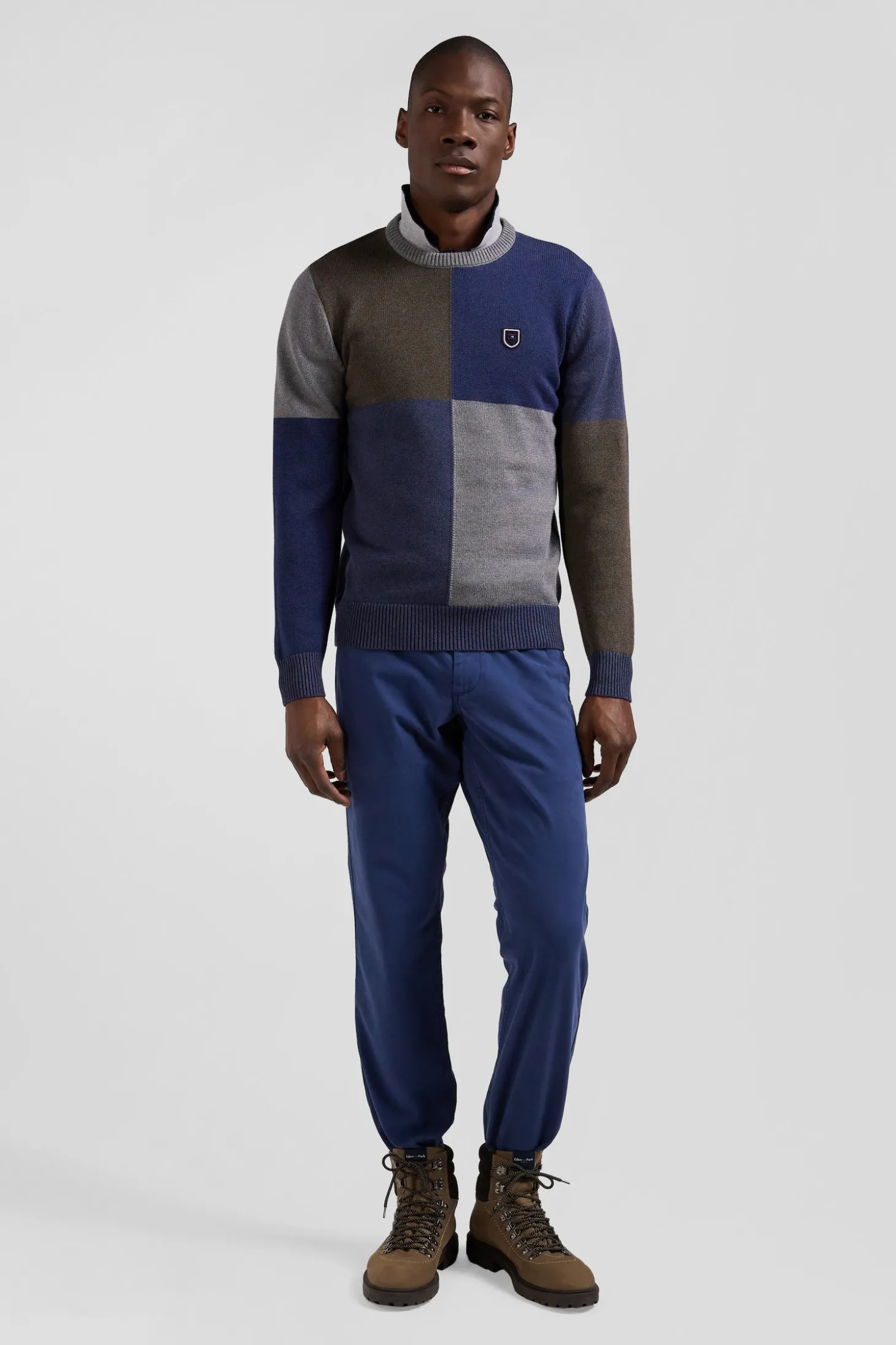 Pull col rond colorblock Barbarian en coton bleu chiné coupe Regular