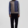 Pull col rond colorblock en coton bleu chiné et marron coupe Regular