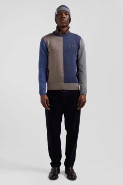 Pull col rond colorblock en coton bleu chiné et marron coupe Regular