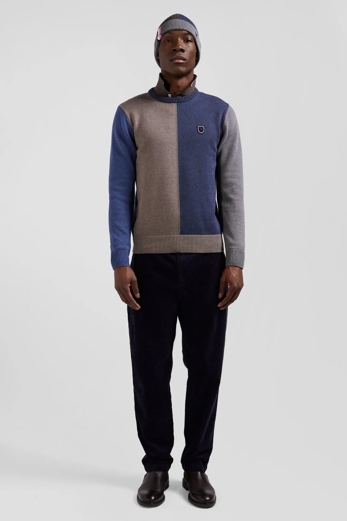 Pull col rond colorblock en coton bleu chiné et marron coupe Regular