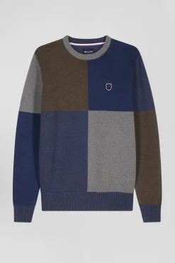 Pull col rond colorblock Barbarian en coton bleu chiné coupe Regular
