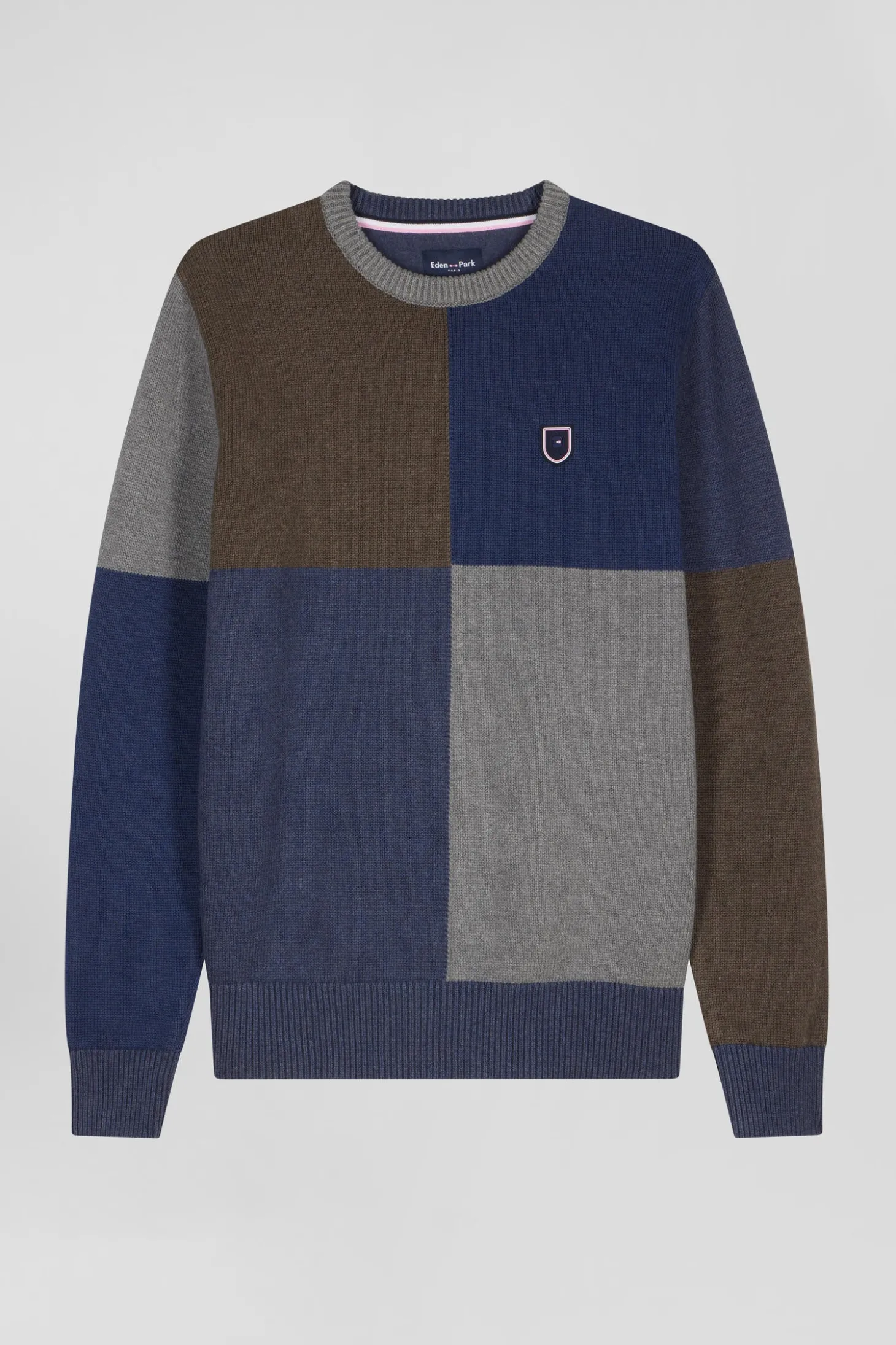 Pull col rond colorblock Barbarian en coton bleu chiné coupe Regular