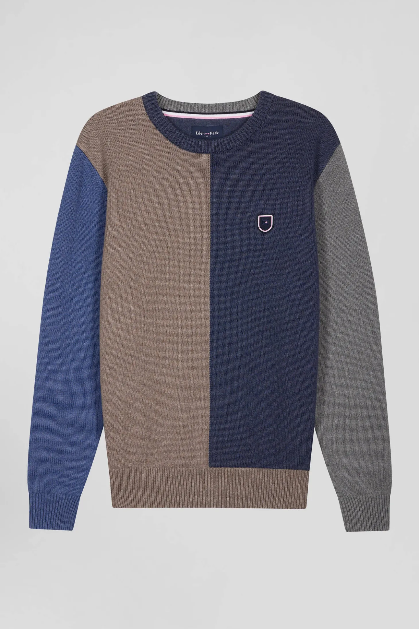 Pull col rond colorblock en coton bleu chiné et marron coupe Regular
