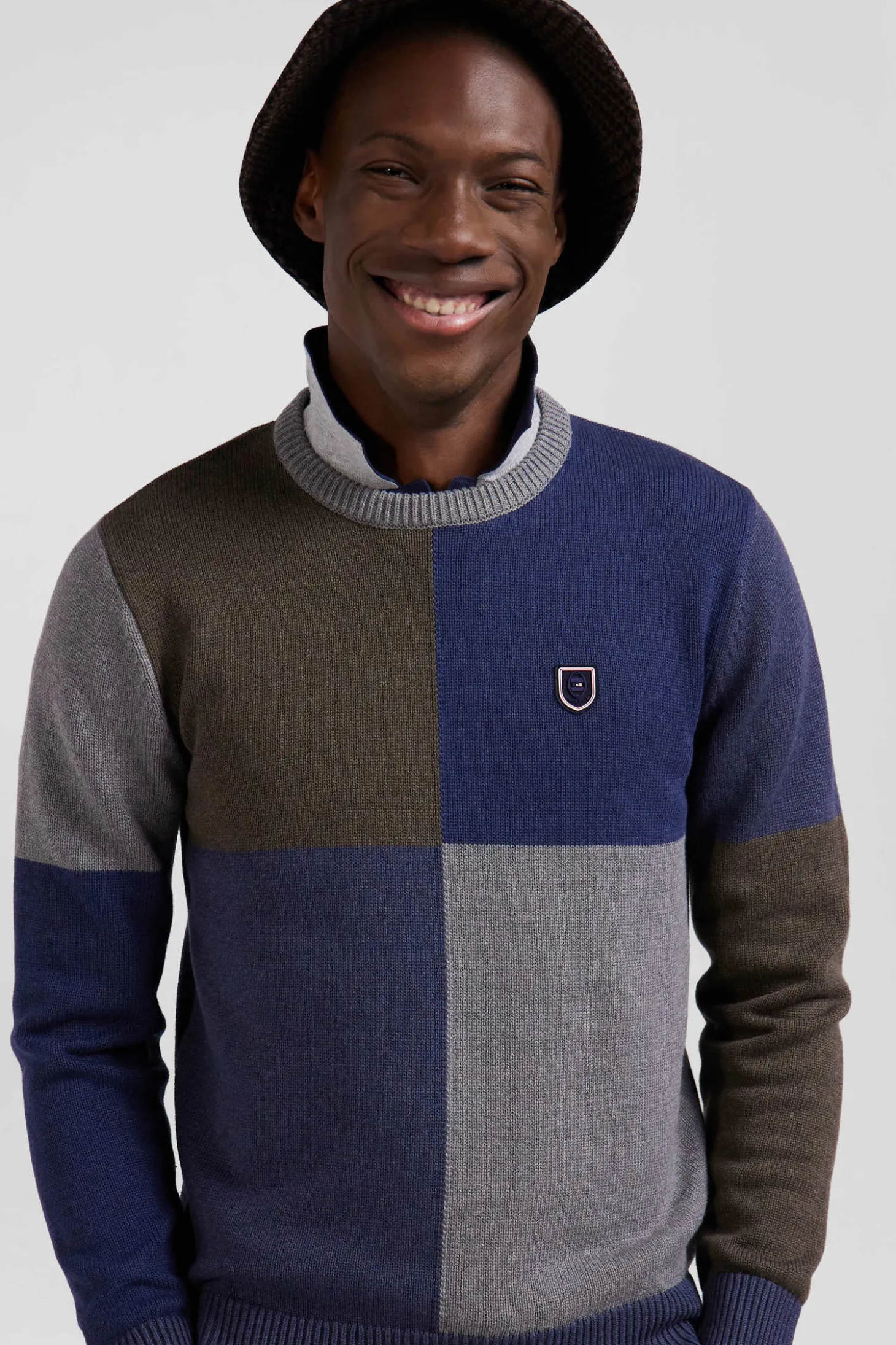 Pull col rond colorblock Barbarian en coton bleu chiné coupe Regular