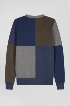 Pull col rond colorblock Barbarian en coton bleu chiné coupe Regular