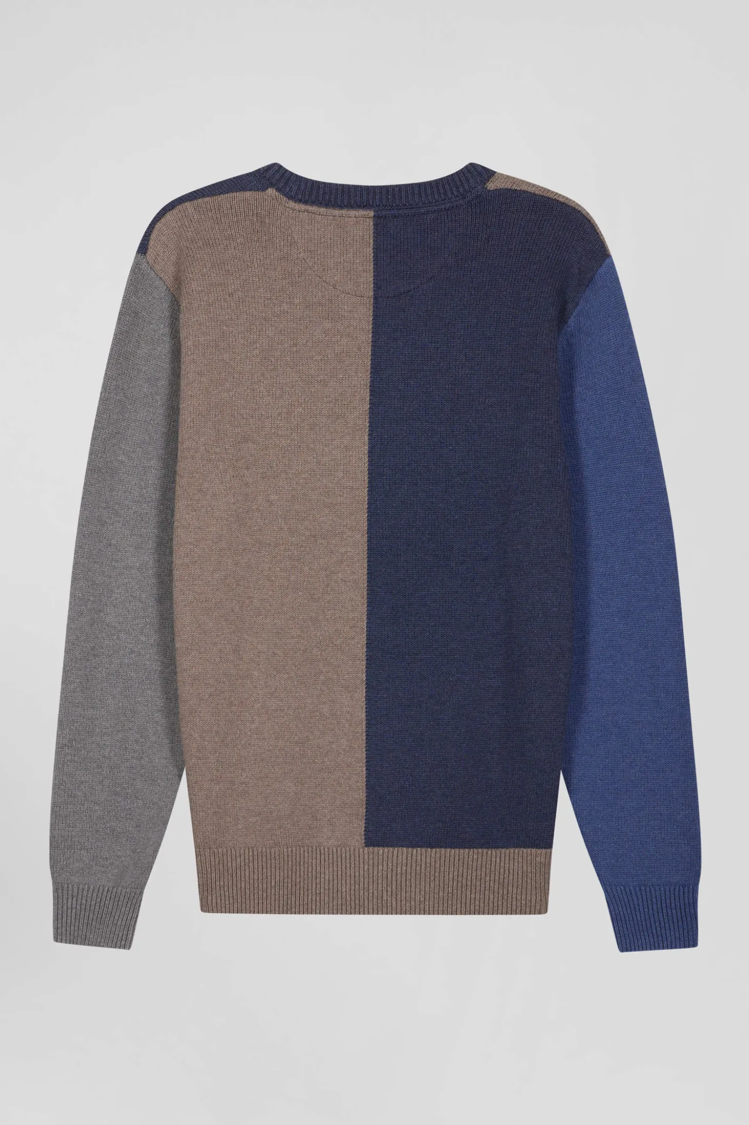 Pull col rond colorblock en coton bleu chiné et marron coupe Regular
