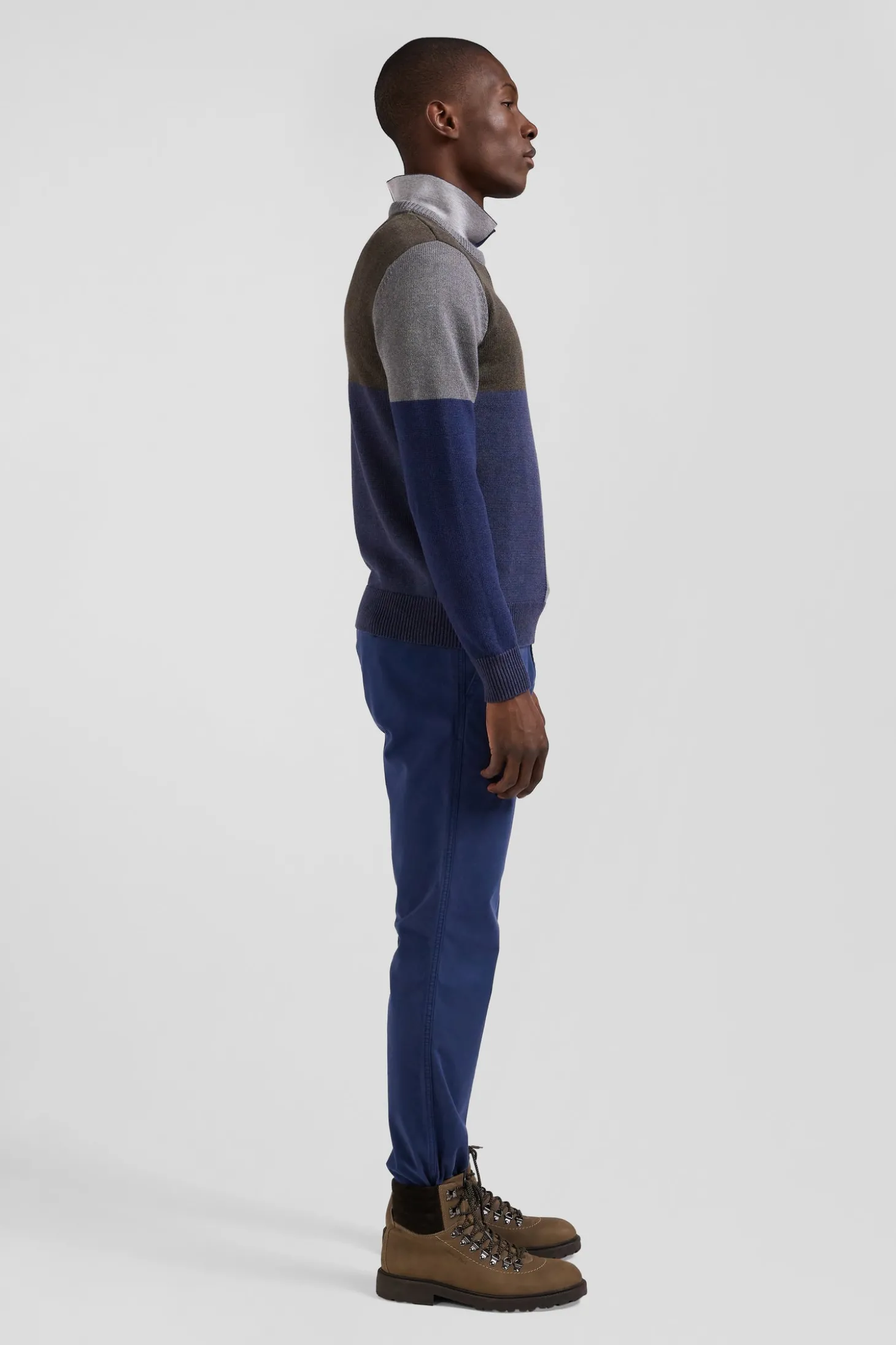 Pull col rond colorblock Barbarian en coton bleu chiné coupe Regular