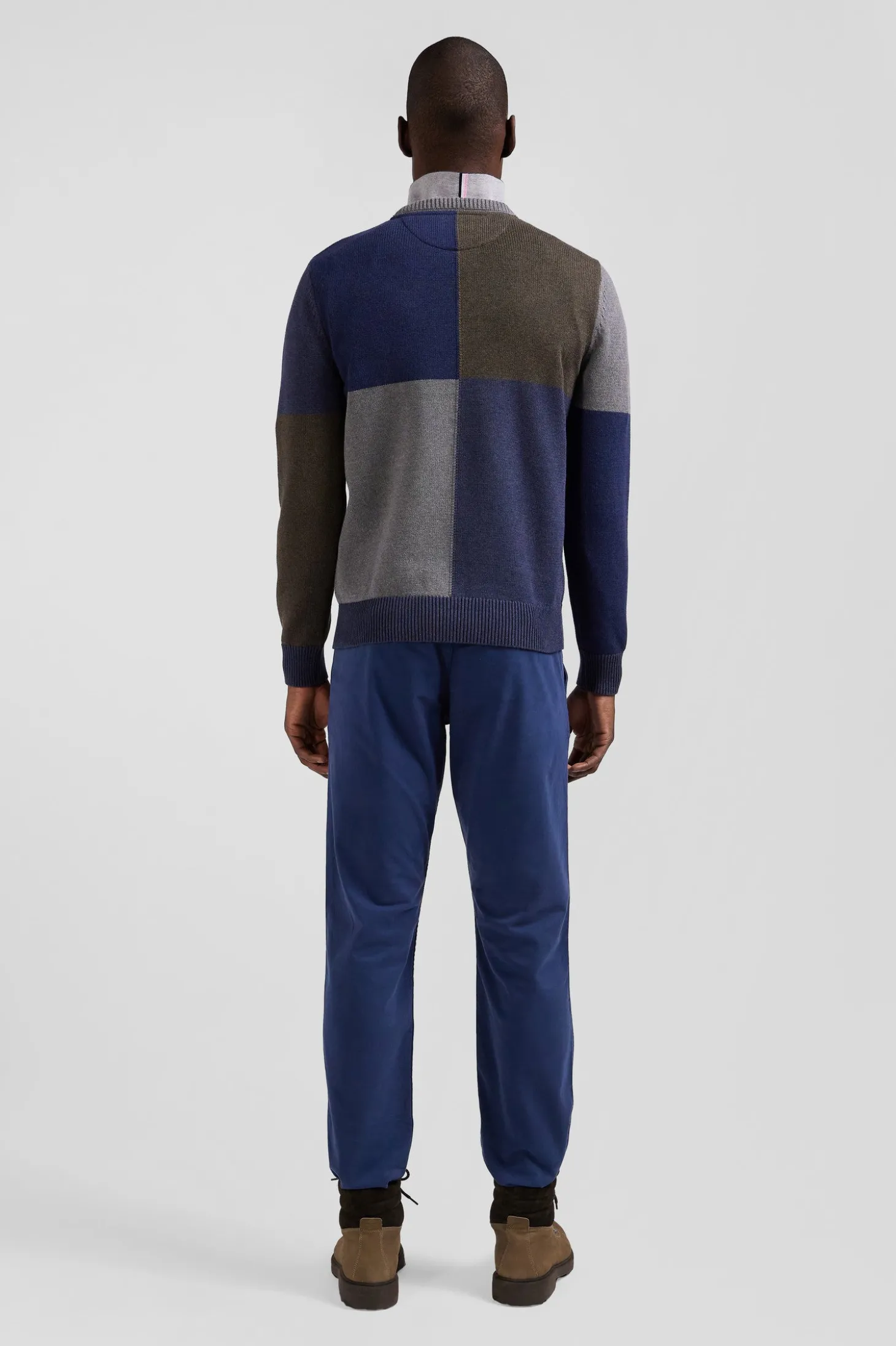 Pull col rond colorblock Barbarian en coton bleu chiné coupe Regular