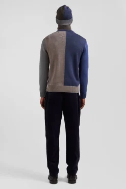 Pull col rond colorblock en coton bleu chiné et marron coupe Regular