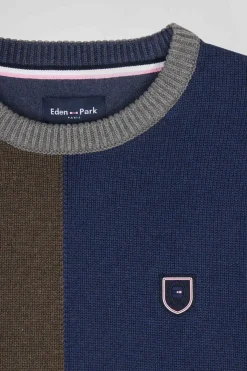 Pull col rond colorblock Barbarian en coton bleu chiné coupe Regular