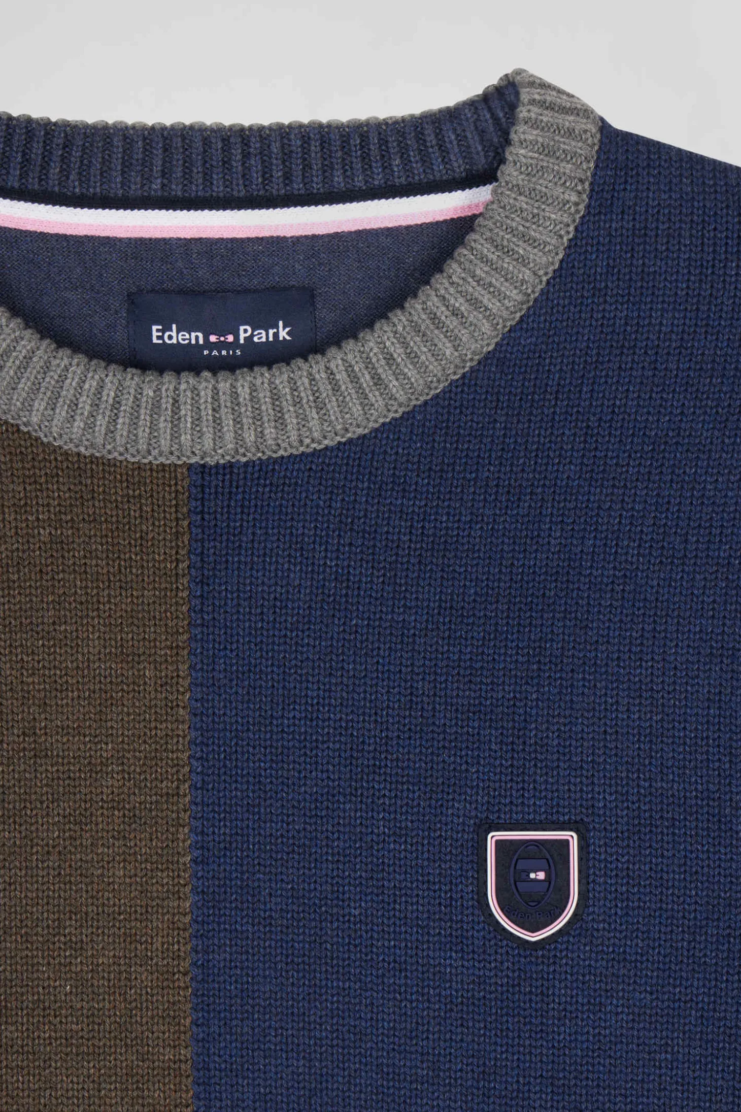 Pull col rond colorblock Barbarian en coton bleu chiné coupe Regular