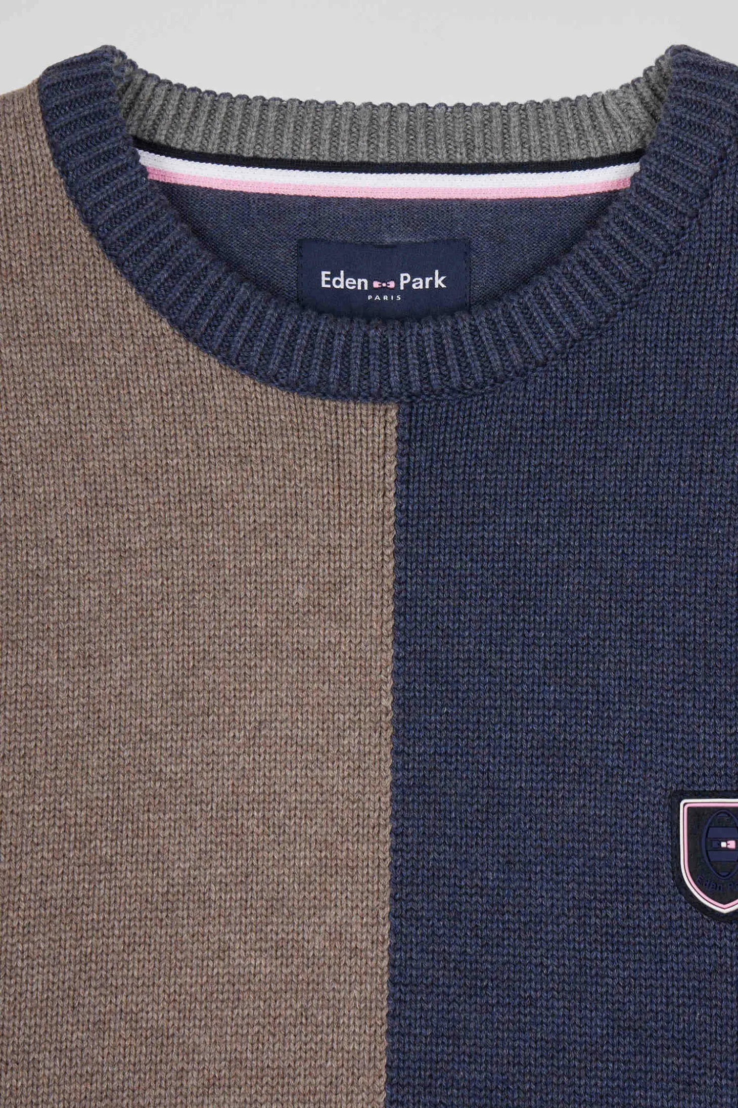 Pull col rond colorblock en coton bleu chiné et marron coupe Regular