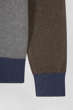 Pull col rond colorblock Barbarian en coton bleu chiné coupe Regular