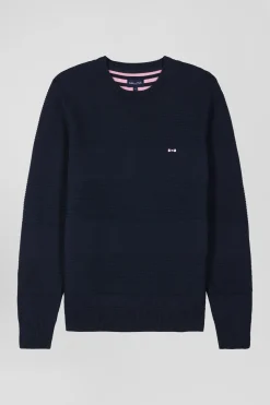 Pull col rond en coton bleu marine à jeux de maille coupe Regular