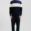 Pull col rond en coton bleu marine et bleu à jeux de maille coupe Regular