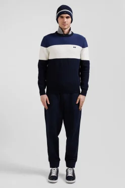 Pull col rond en coton bleu marine et bleu à jeux de maille coupe Regular
