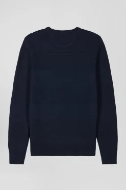 Pull col rond en coton bleu marine à jeux de maille coupe Regular