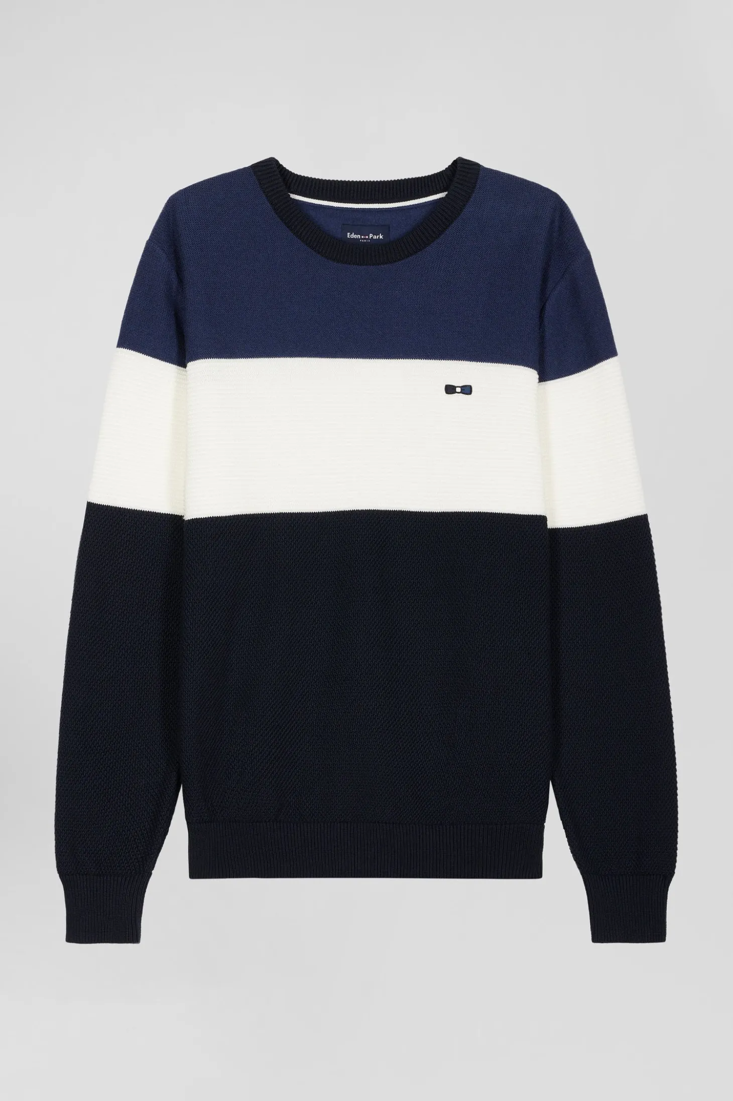 Pull col rond en coton bleu marine et bleu à jeux de maille coupe Regular