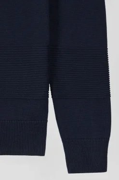 Pull col rond en coton bleu marine à jeux de maille coupe Regular