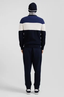 Pull col rond en coton bleu marine et bleu à jeux de maille coupe Regular