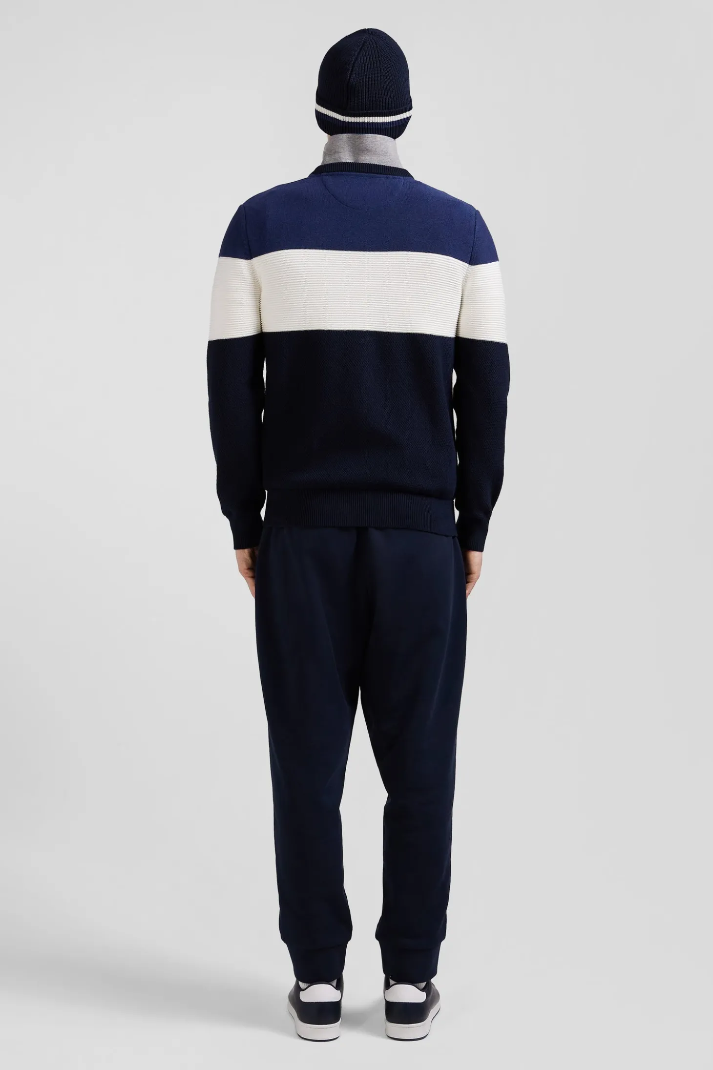 Pull col rond en coton bleu marine et bleu à jeux de maille coupe Regular
