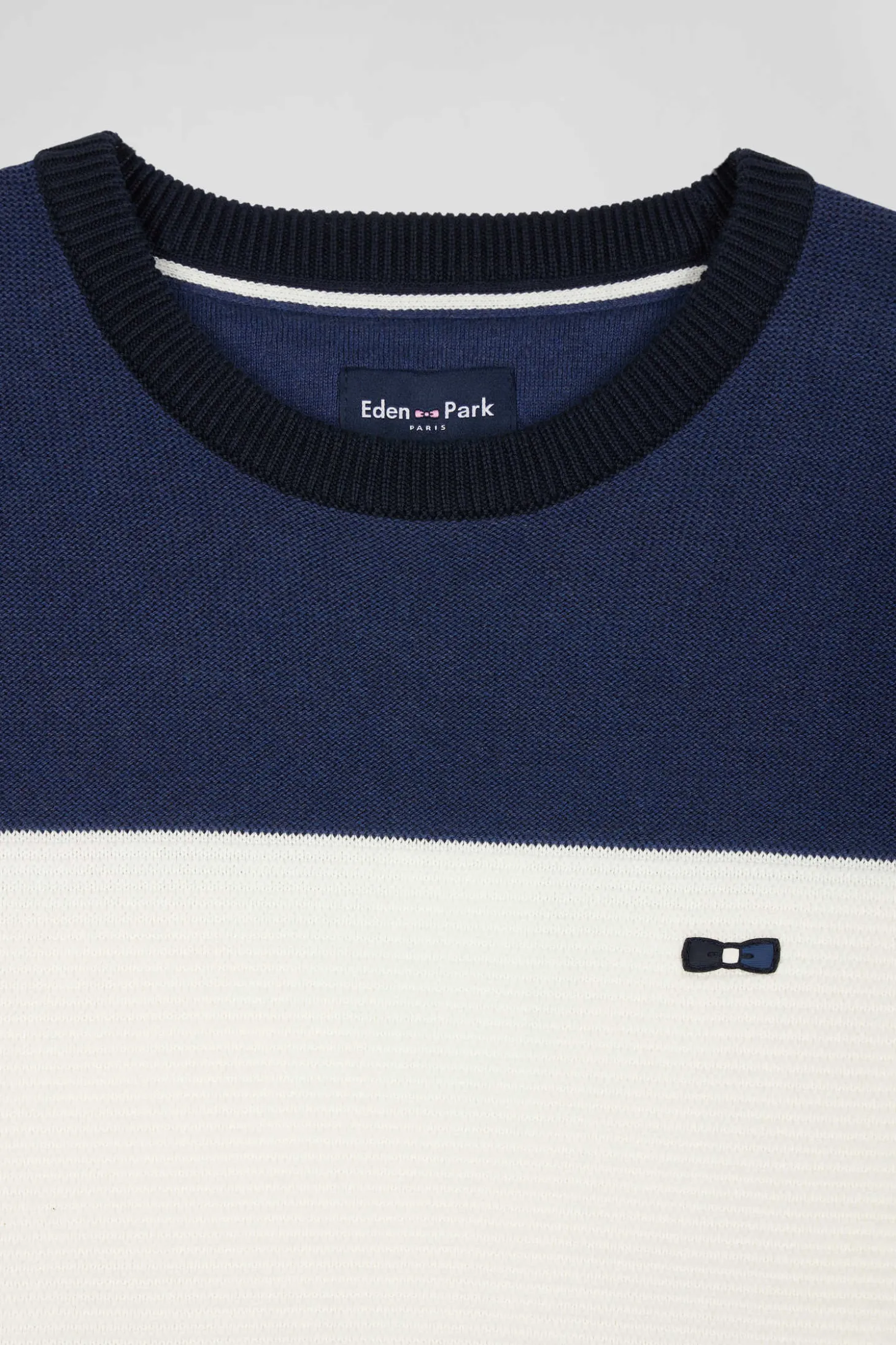 Pull col rond en coton bleu marine et bleu à jeux de maille coupe Regular