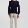 Pull col rond en coton et cachemire bleu marine coupe Regular