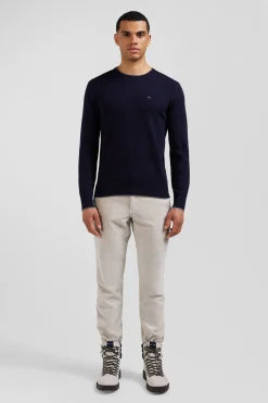Pull col rond en coton et cachemire bleu marine coupe Regular