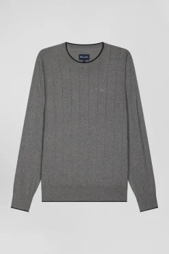 Pull col rond en coton et cachemire gris coupe Regular