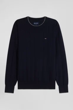 Pull col rond en coton et cachemire bleu marine coupe Regular