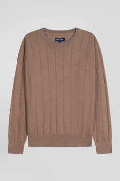 Pull col rond en coton et cachemire marron coupe Regular