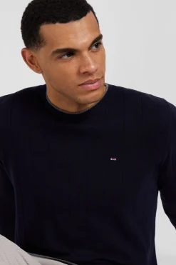 Pull col rond en coton et cachemire bleu marine coupe Regular