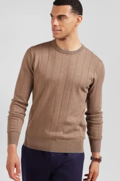 Pull col rond en coton et cachemire marron coupe Regular