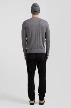 Pull col rond en coton et cachemire gris coupe Regular
