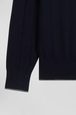 Pull col rond en coton et cachemire bleu marine coupe Regular