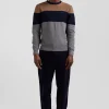 Pull col rond en coton gris et camel à jeux de maille coupe Regular