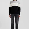 Pull col rond en coton gris et blanc à jeux de maille coupe Regular