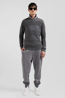 Pull col rond en coton gris à jeux de maille coupe Regular