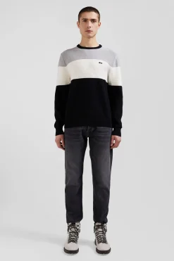 Pull col rond en coton gris et blanc à jeux de maille coupe Regular