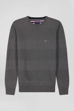 Pull col rond en coton gris à jeux de maille coupe Regular